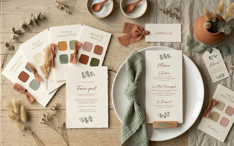 Papeterie de mariage bohème : coordonner faire-part, menus et plan de table
